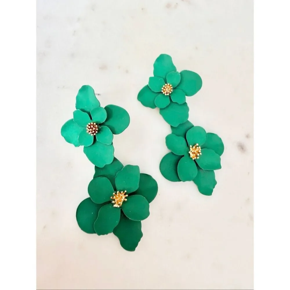 Emerald Green Floral Statement Earrings Layered Flower Drop Earrings Gold Tone